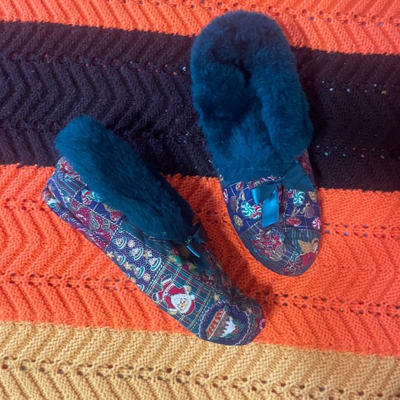 Christmas In the box 80s Sears green fur“Chintz” slipper boots with a nostalgic - Picture 12 of 13
